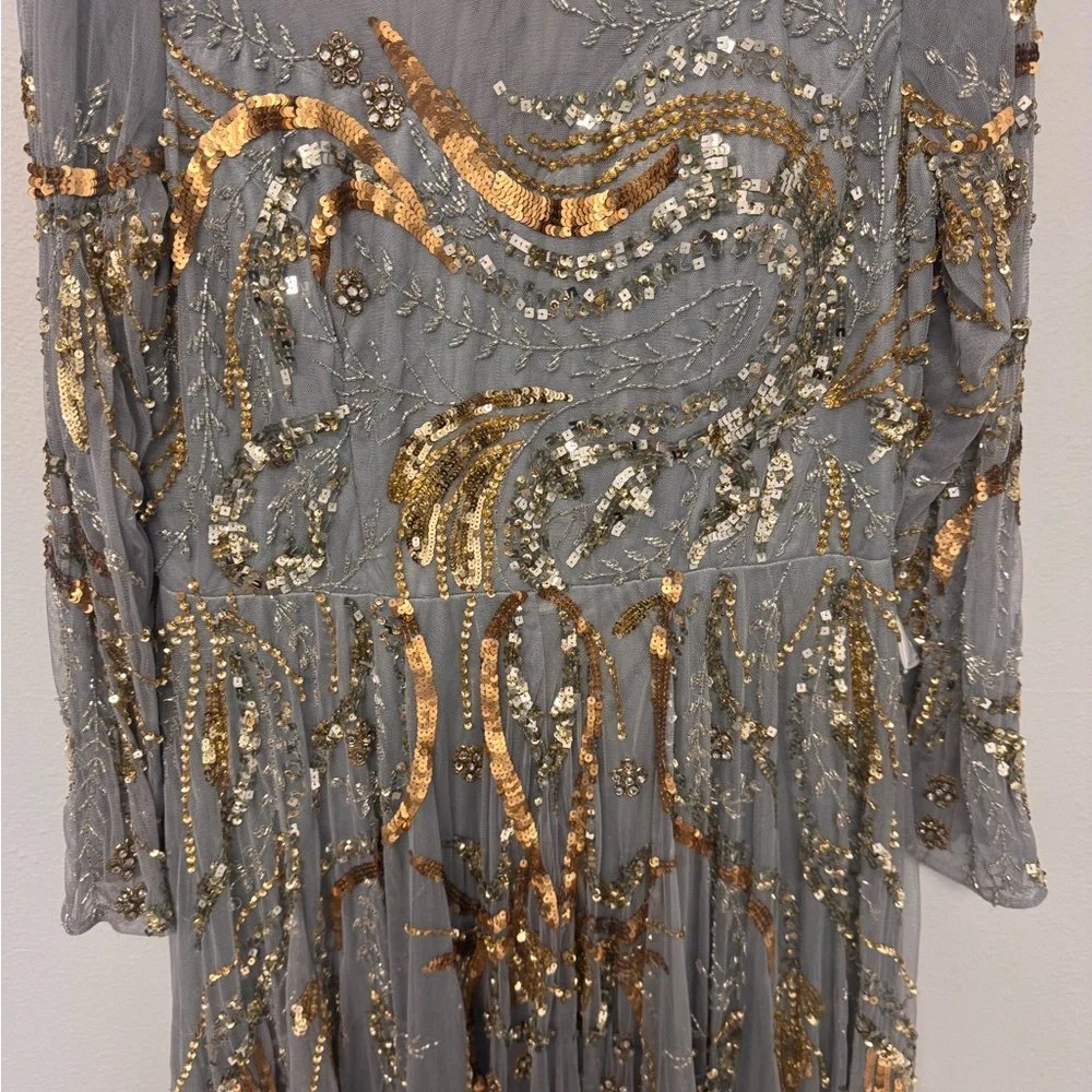 Mac Duggal Elegant Gray and Gold Embellished Evening Gown - Picture 4 of 7